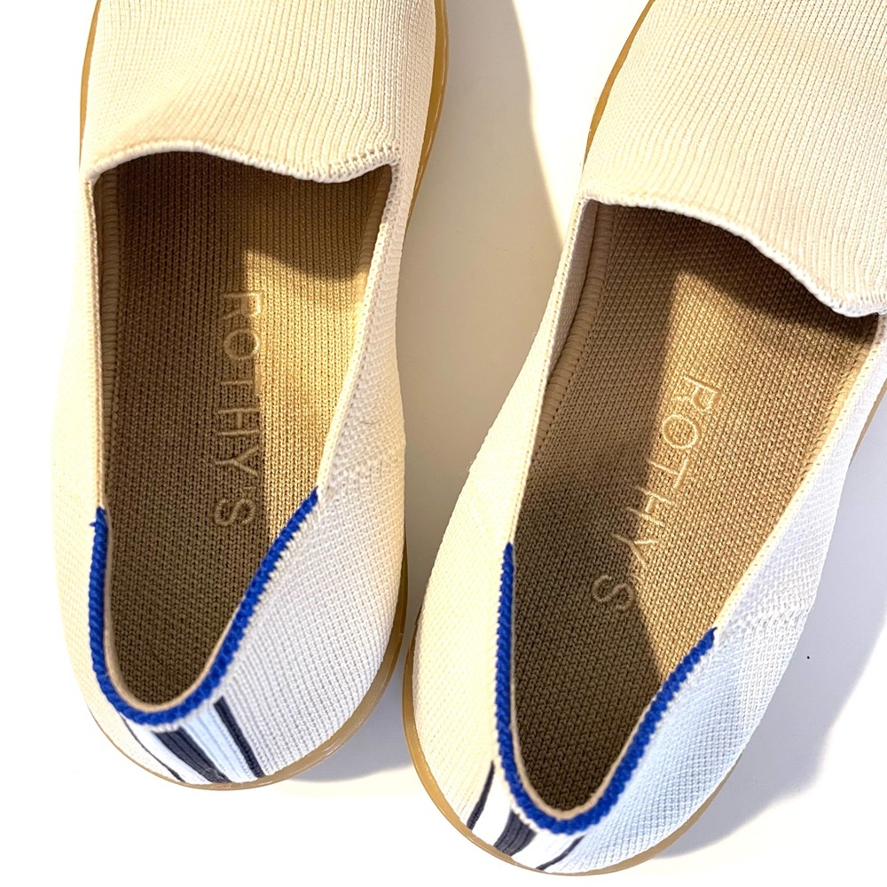 Rothy's Cream Slip-On Sneakers with Tan Sole and Blue Trim - Picture 5 of 6